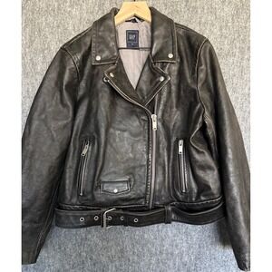 GAP Black Leather Jacket Distressed Moto Biker Sz XXL Vintage Belted Y2K Womens